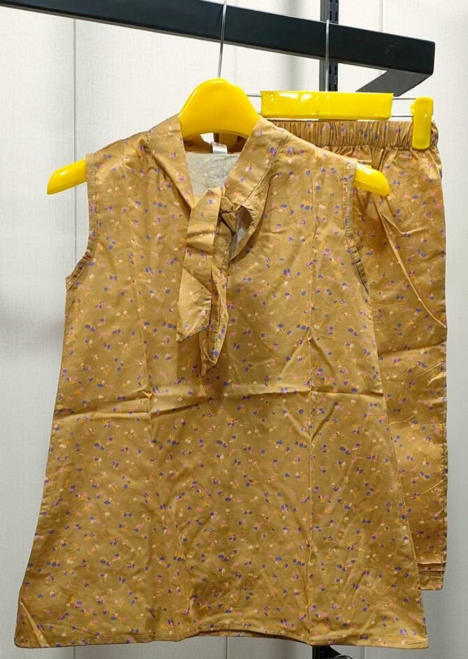 Mustard Floral Printed Lawn 2-Piece Sleeveless Suit for Girls